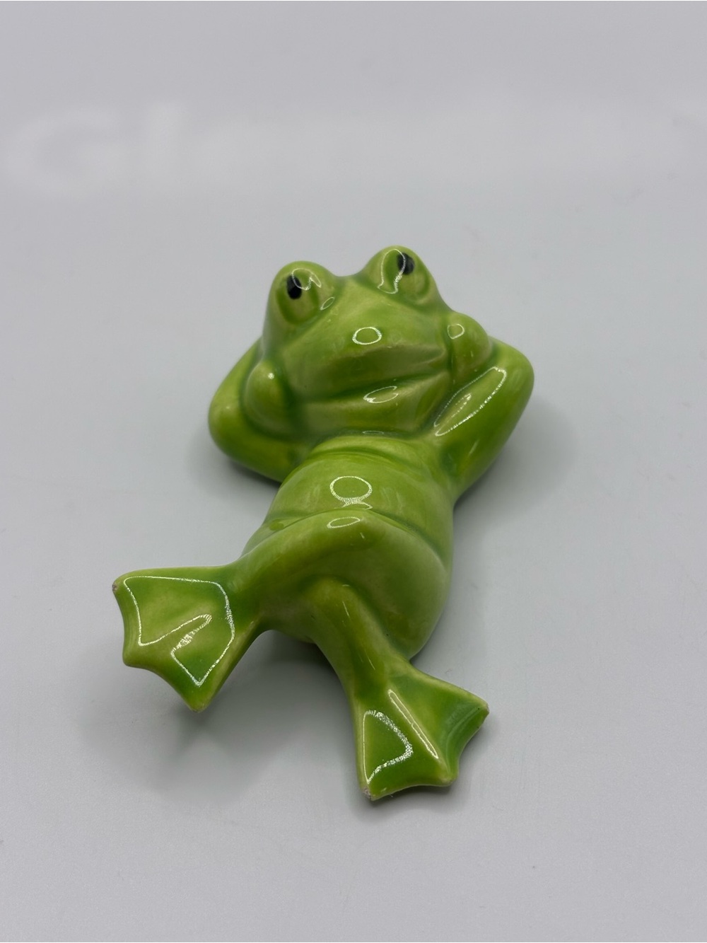 MCM Green Glazed Ceramic Laid Back Frog Handcrafted In Canada Kitschy 1.75X3”